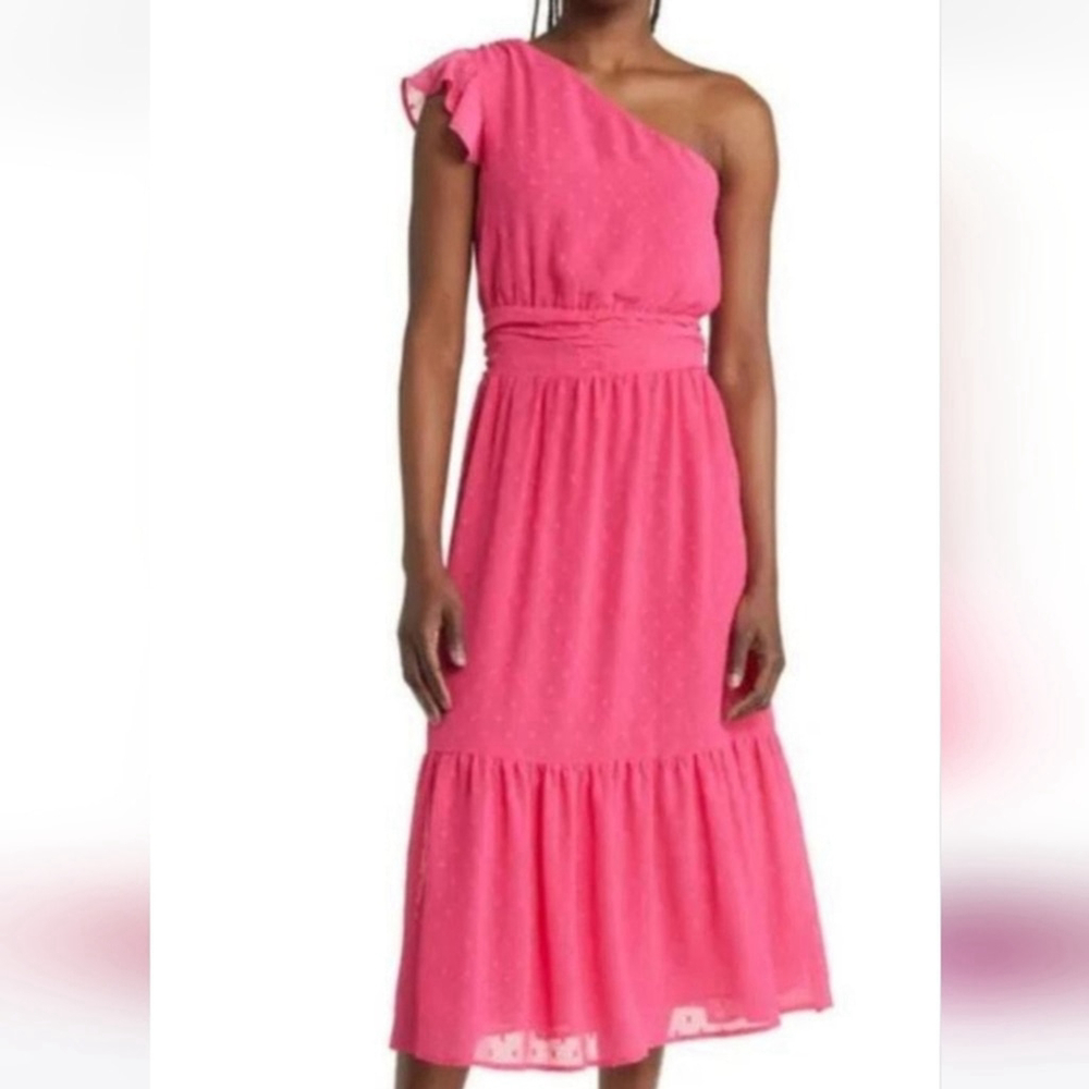 Chelsea28 One Shoulder Swiss Dot Pink Midi Dress NWOT